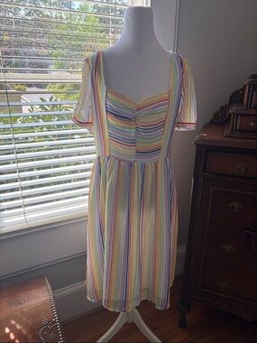 ModCloth Pastel Rainbow Stripe Puff Sleeve Dress